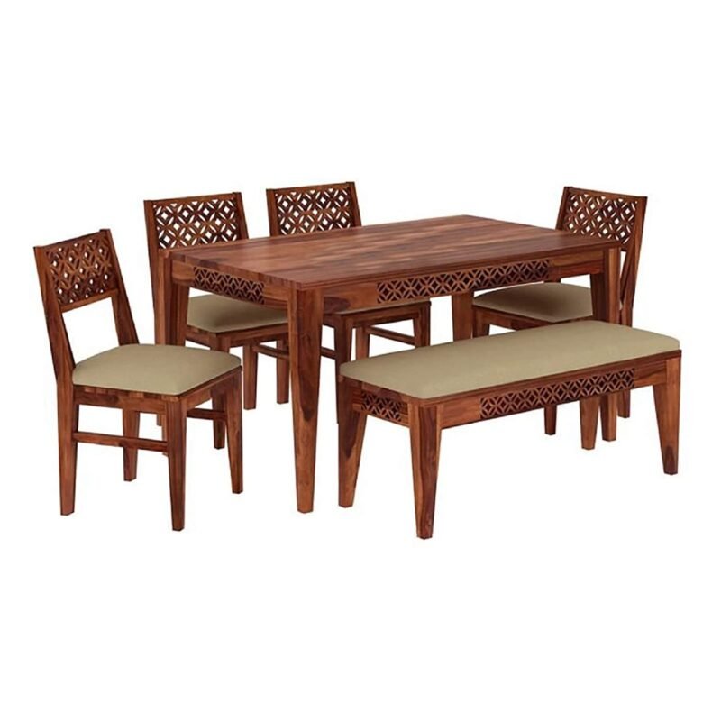 Solid Sheesham Wood 6 Seater Dining Table Set with 4 Cushion Chairs ...