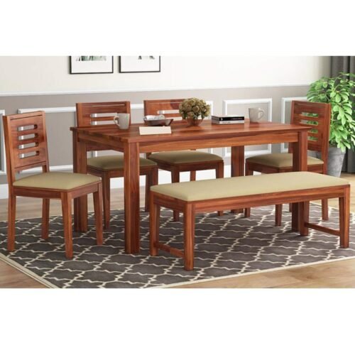 Solid Sheesham Wood Rectangle Dining Table Set 6 Seater with 4 Cushion ...