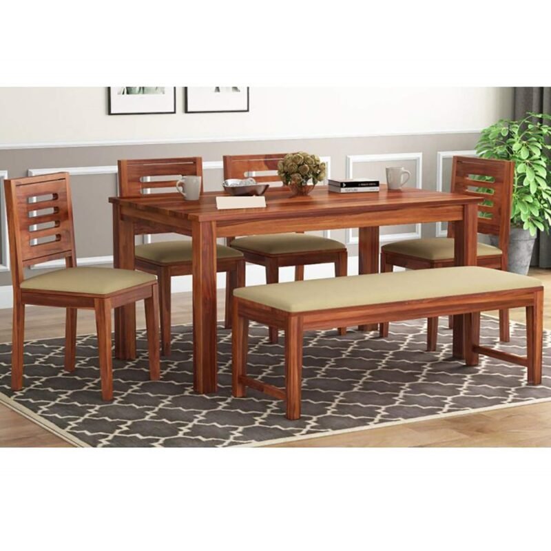 Solid Sheesham Wood Rectangle Dining Table Set 6 Seater with 4 Cushion ...