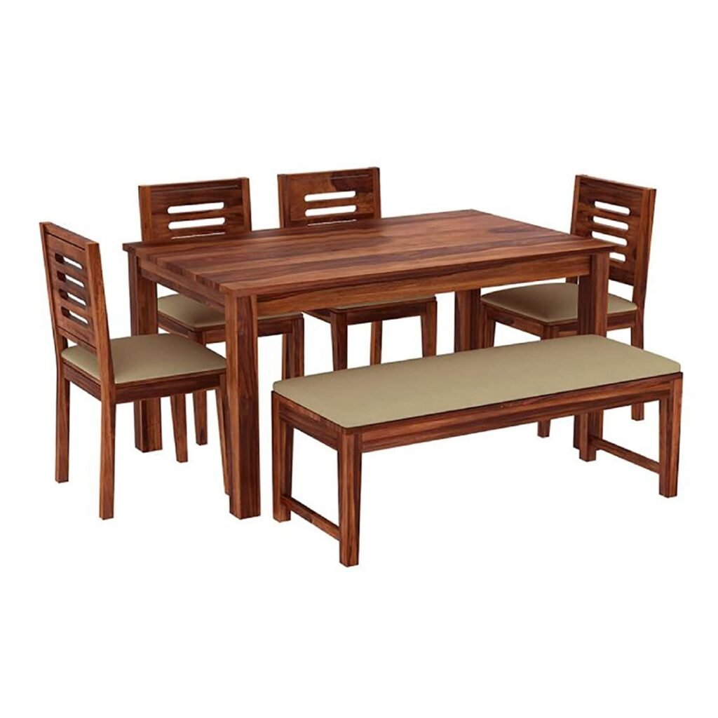 Solid Sheesham Wood Rectangle Dining Table Set 6 Seater with 4 Cushion ...